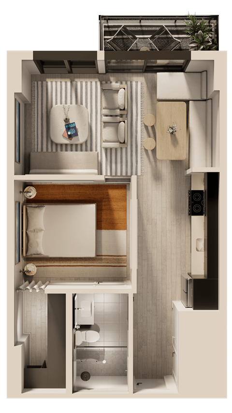 A modern bathroom with a toilet, sink, and mirror.